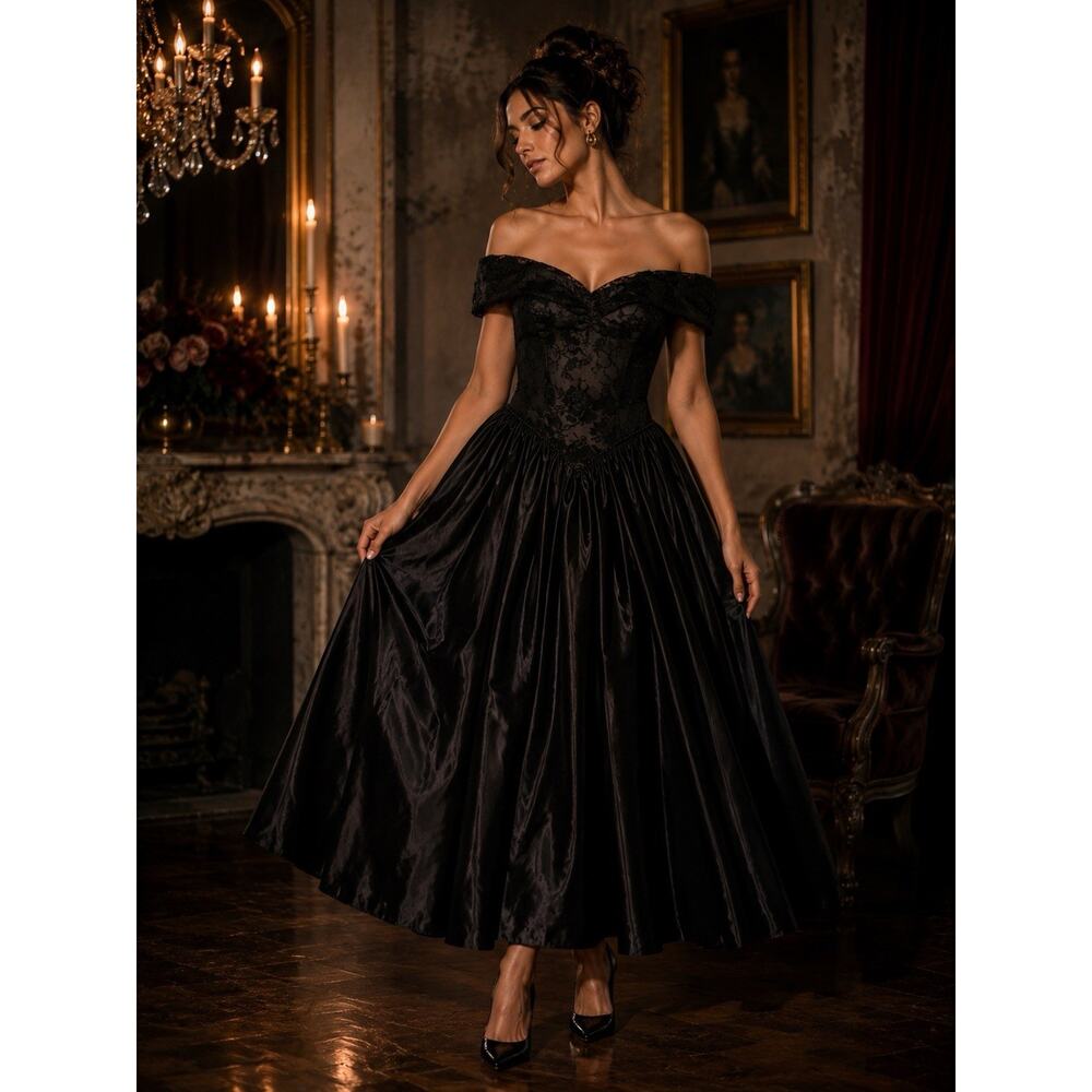 Vintage Black Lace Off Shoulder Gown Basque Waist Satin Event Dress Zum Zum 7/8 - Picture 2 of 13